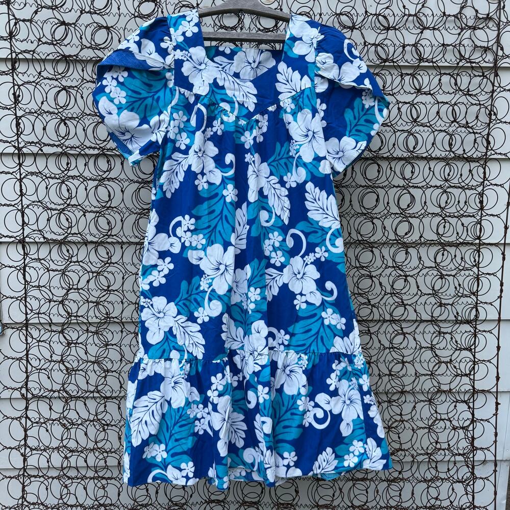 VTG Winnie Fashion Hawaiian Blue Tropical Floral Ruffle Hem Tulip Sleeve Dress L
